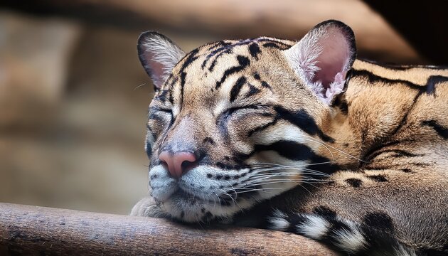 Striking Sleeping Wild Clouded Leopard Amidst Lush Tropical Rainforest, Captured in a Rare Moment of Peace and Serenity.