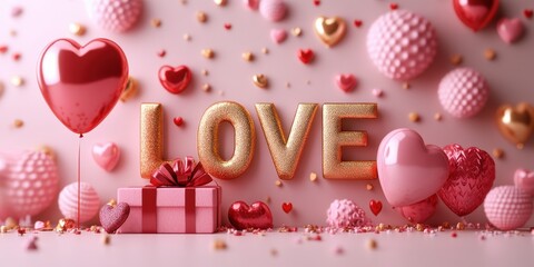 Romantic Valentine's background with heart-shaped balloons and gift box on pink