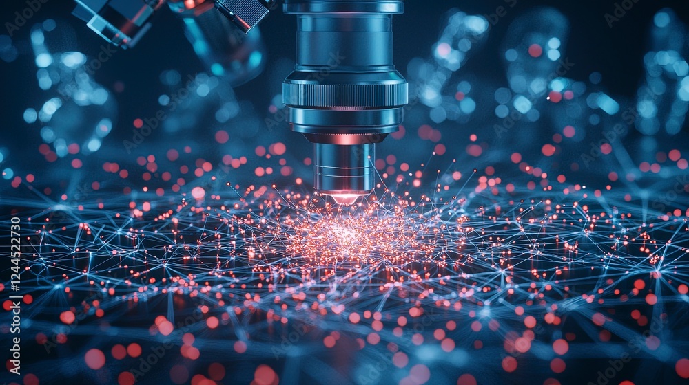 Poster futuristic technology scene with a robotic arm interacting with a glowing network of particles on a 
