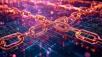 Obraz premium Digital chains interlinking against a vibrant, tech-inspired background, symbolizing connectivity and blockchain technology.