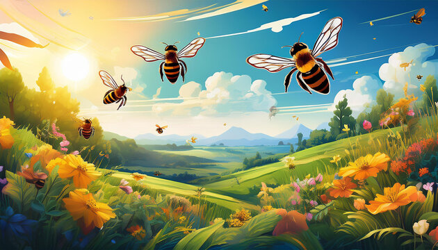 a vibrant illustration of bees flying over lush greenery under a bright sky capturing the beauty of nature and pollination
