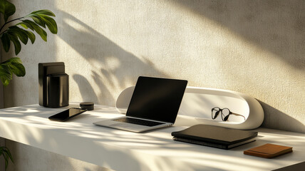 Modern white desk work table with laptop, smartphone, earphone, notebook for home office work.