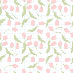 Seamless Pattern with Pink flower Tulips on Checkered White Background. Botanical Spring Floral Template. Vector illustration