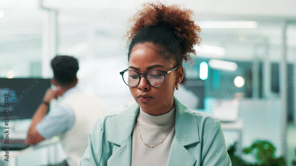 Aufkleber Developer, face and woman on computer for typing research, project or cybersecurity update. Glasses, coding system and programmer on technology for web development, programming or building software