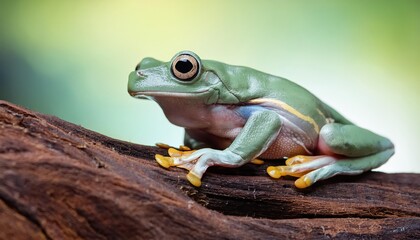 Enchanting CloseUp of a Dumpy Tree Frog, Perched on WildlifeFilled Branch, Exhibiting Bright Green Camouflage and Vibrant Eyes, Capturing the Mystique of the Tropical Rainforest.