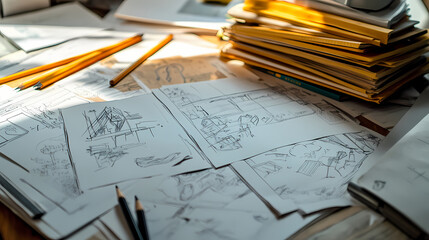 A jumble of papers and pencils lies across a desk, where a storyboard is coming to life with hand-drawn scenes and notes that animate the film's narrative. Narrative Sequences. Illustration