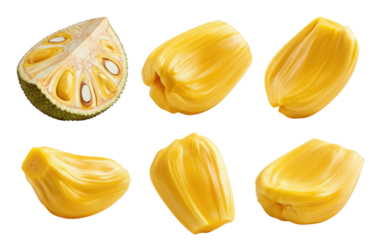 Fresh jackfruit pieces and one segment isolated on transparent background