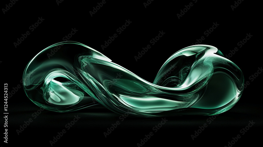 Aufkleber A smooth, flowing translucent green abstract form with dynamic curves and soft light reflections on a black background, representing motion, fluidity, and modern art design.