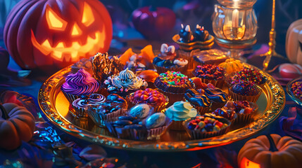 Assorted halloween sweets on a golden tray, pumpkin decor, vibrant colors, celebratory mood. Narrative Sequences. Illustration