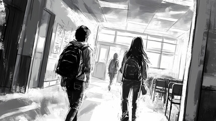 Black and white school day sketches: a visual narrative of youthful encounters and planning. Narrative Sequences. Illustration