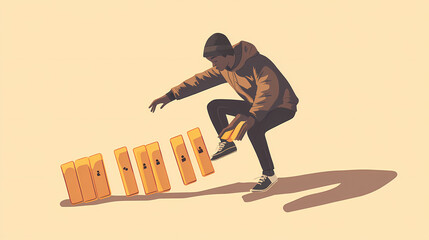 Character playing with story dominoes falling in sequence. Narrative Sequences. Illustration