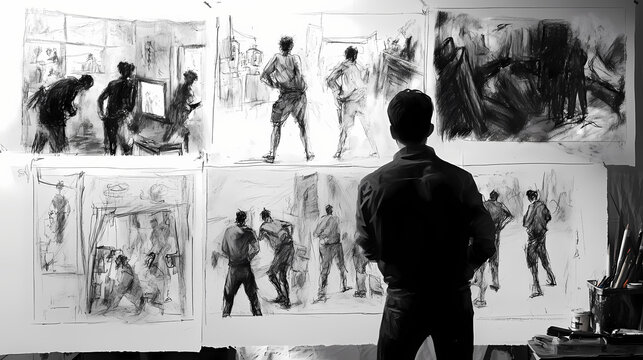 Charcoal storyboards, figures sketched, artistic process. Narrative Sequences. Illustration