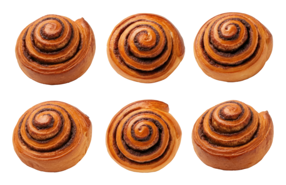 Six freshly baked cinnamon rolls arranged in two rows on transparent background