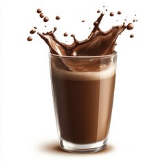 A chocolate milk splash, dark brown with white foam, captured mid-air from a glass, isolated on a white background - Generative AI
