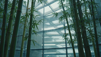 Tall bamboo stalks in a modern atrium with glass panels and reflections.