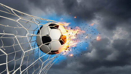 Fiery soccer ball breaking through a net into a stormy sky.