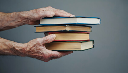 Elderly hands balancing four books against a neutral gray backdrop.
