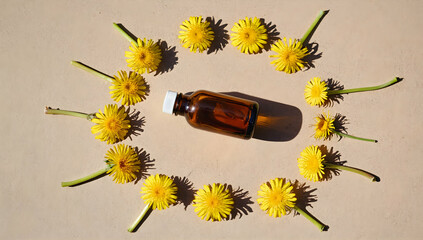 Amber bottle surrounded by yellow dandelions on a beige background.