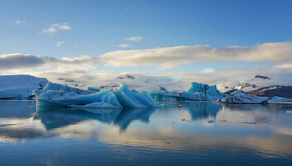 Icebergs floating in a glacial lagoon with mountains in the background.