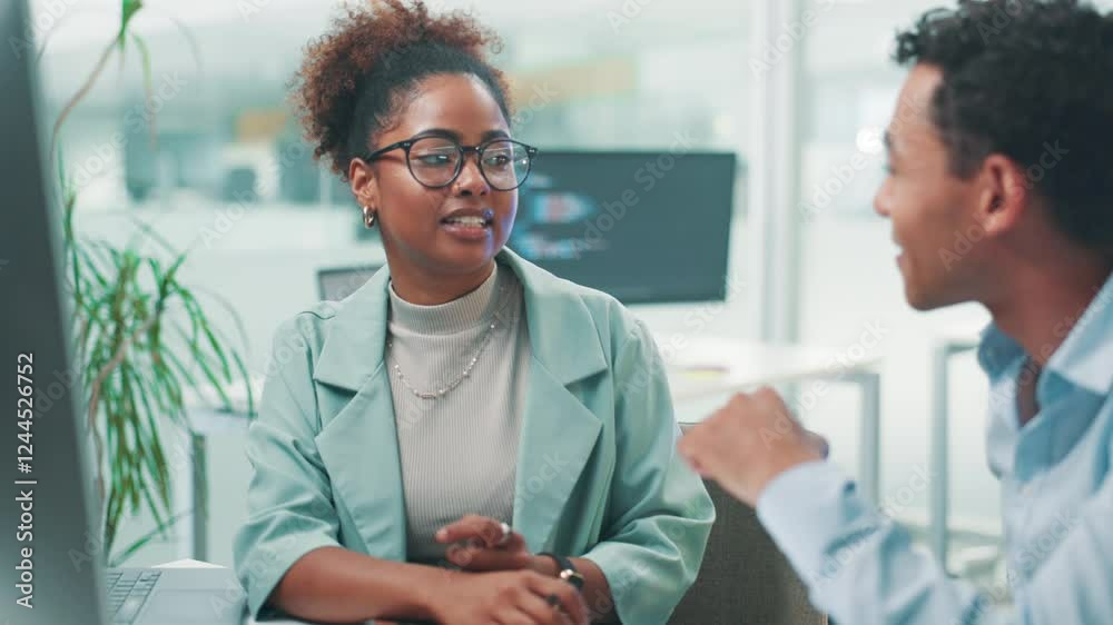 Poster Business people, software developer and meeting with discussion for AI, UX or UI development at office. Businessman, woman or programmers with technology for app design, web update or project review