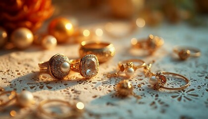 Elegant Gold Rings and Jewelry Collection on Lace