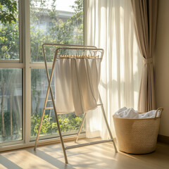 Aluminum clothes rack inside  beige living room bathed in soft sunlight filtering through sheer curtains. Housework concept.