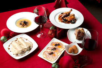 Traditional Catalan Christmas Dining Concept – Festive Red Ambiance with Classic Holiday Dishes and Elegant Decorations