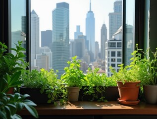 Fototapeta premium Potted herbs and vegetables growing on a balcony overlooking New York City