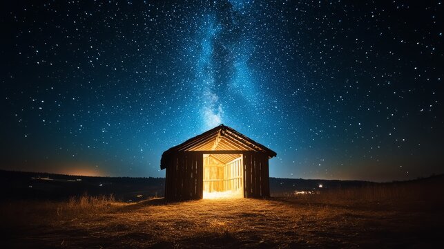 A wooden stable under the vast expanse of the starry heavens, glowing gently with divine light, a peaceful and sacred scene