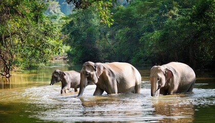Fototapeta premium Majestic Elephant Family Frolicking in Forest Riverbank, Witness the Joyous Play of a Family of Elephants with Calves Amidst the Lush Greenery and Crystal Clear Waters on a SunKissed Afternoon