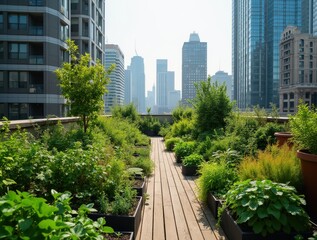 Fototapeta premium Rooftop garden flourishing in the city with lush plants and wooden walkway overlooking skyscrapers