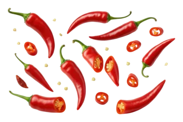 Fresh red chili peppers, whole and sliced, isolated on transparent background