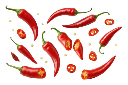 Fresh red chili peppers, whole and sliced, isolated on transparent background