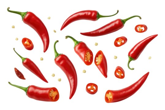 Fresh red chili peppers, whole and sliced, isolated on transparent background