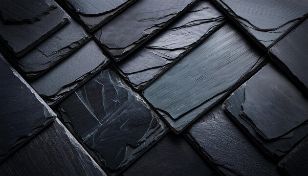a close up of stacked slate tiles displaying dark textured surfaces perfect for construction or decorative use