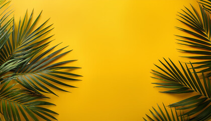 yellow background with palm leaves on it space for text