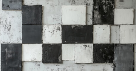 Superficie de hormigón con cuadrados de pintura deteriorada y retoques de yeso en tonos oscuros.