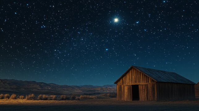 A rustic wooden stable bathed in the light of a brilliant celestial star, surrounded by a stunning star-filled night sky, peaceful and timeless