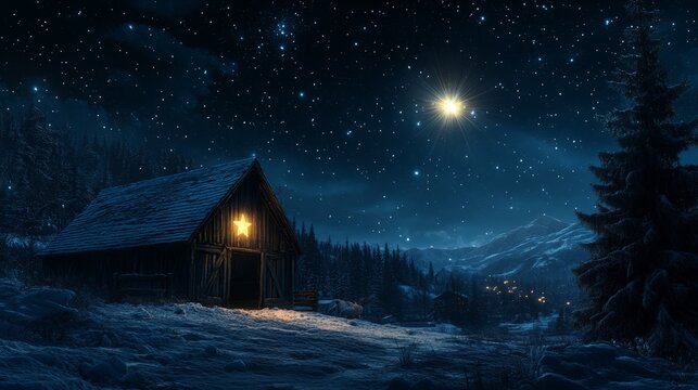 A rustic wooden stable bathed in the light of a brilliant celestial star, surrounded by a stunning star-filled night sky, peaceful and timeless