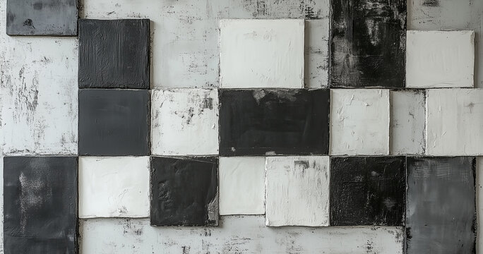 Superficie de hormig&oacute;n con cuadrados de pintura deteriorada y retoques de yeso en tonos oscuros.