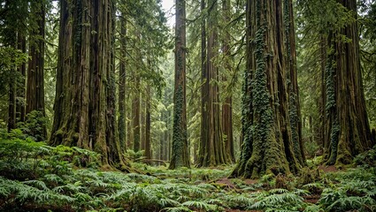 Majestic redwood forest with towering trees draped in ivy surrounded by lush ferns on the forest floor