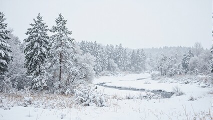 Tranquil winter scene with snow draped fir trees icy river and gentle snowflakes under a tranquil gray sky