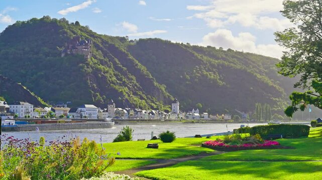 Parallax movement at a small village of Sankt Goar, along the Rhine River Valley on an early summer morning, Germany