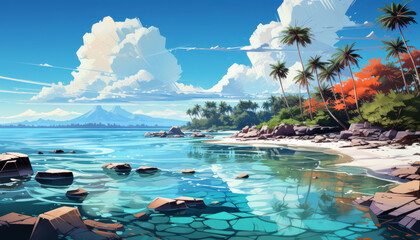 Stony sea shore beach on a lonely tropical island oil or acryl painting style illustration.