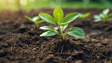 Small plant is growing in the dirt macro view