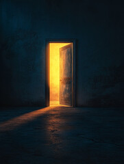 Open door emitting warm light in a dark room