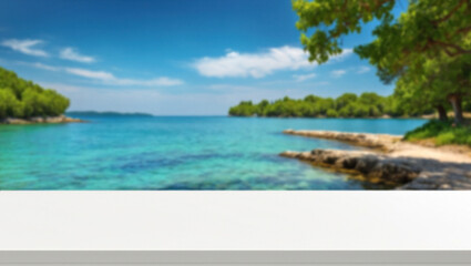 Fototapeta premium Empty summer holidays background. Horizontal travel banner for advertising product. White table top in front, blurred paradise vacation. Panoramic empty bar counter in focus