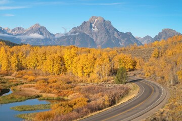 U.S. Highway 191, John D. Rockefeller Jr. Parkway, along Oxbow Bend of the Snake River in fall color, Grand Teton National Park, Wyoming.