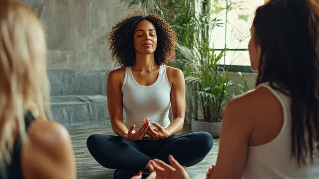 Women practicing mindful meditation in serene indoor setting