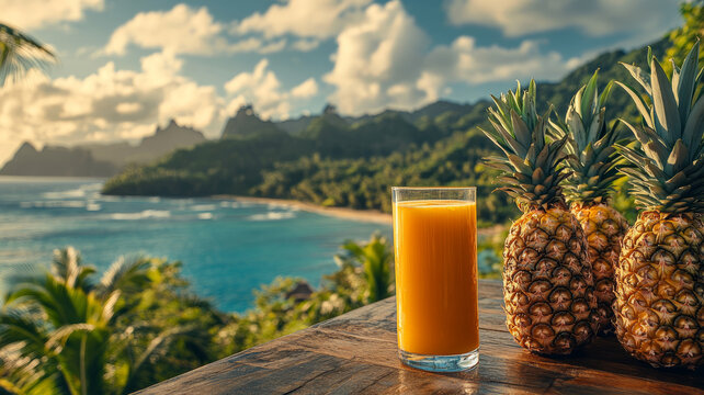 Pineapple juice with pineapples by tropical beach.